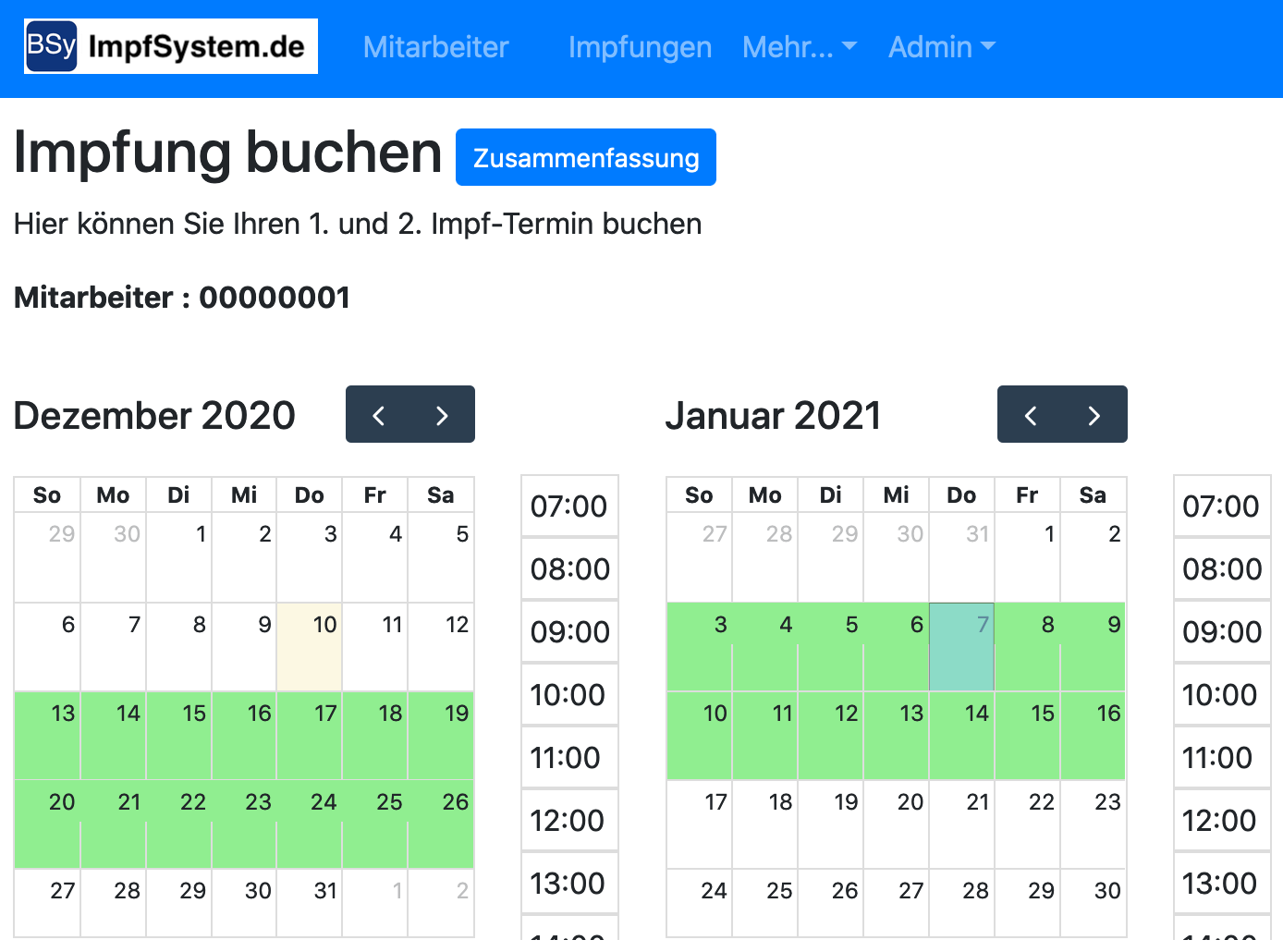 Kalenderansicht des Impfsystems